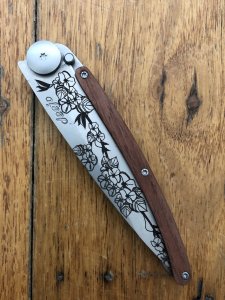 Deejo Juniper Wood handle Flower Trail Tattoo Design Pocket Knife 37g