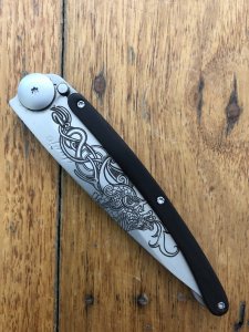 Deejo Ebony Wood handle Dragon Tattoo Design Pocket Knife 37g