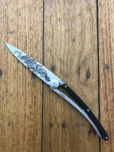 Deejo Ebony Wood handle Dragon Tattoo Design Pocket Knife 37g