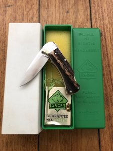 Puma Knife: Puma Original 1986 Mini 4 Star Folding Lock Blade Knife with Stag Antler Handle in Original Box