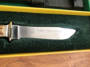 Puma Knife: Puma 1982 Jagdnicker Knife with Stag Handle & Green & Yellow Box #27282