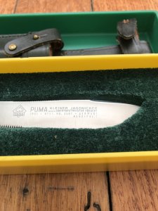Puma Knife: Puma 1982 Jagdnicker Knife with Stag Handle & Green & Yellow Box #27282