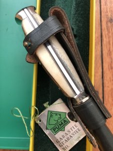 Puma Knife: Puma 1982 Jagdnicker Knife with Stag Handle & Green & Yellow Box #27282