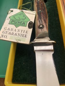 Puma Knife: Puma 1982 Jagdnicker Knife with Stag Handle & Green & Yellow Box #27282