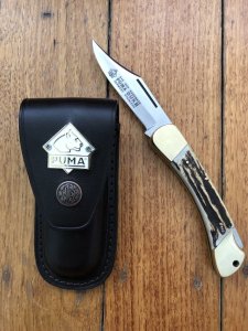Puma Knife: Puma 1990 Duke Folding Knife with Stag Antler Handle in Custom made Pouch