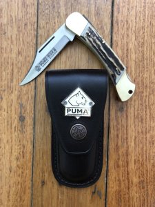 Puma Knife: Puma 1990 Duke Folding Knife with Stag Antler Handle in Custom made Pouch