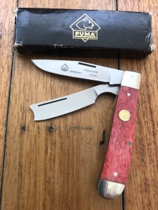 Puma Knife: Puma Trapper Razor twin Blade Lockback Knife with Red Smooth Bone Handle