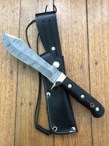 SOS Damascus *PUMA White Hunter* Knife with Black Buffalo Horn Handle & Leather Sheath