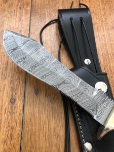 SOS Damascus *PUMA White Hunter* Knife with Black Buffalo Horn Handle & Leather Sheath