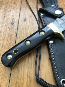 SOS Damascus *PUMA White Hunter* Knife with Black Buffalo Horn Handle & Leather Sheath