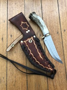 Ken Richardson Custom Handmade 5.5" Hunter Upswept Blade Hunting Knife with Deer Antler Handle & Custom Sheath