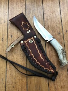 Ken Richardson Custom Handmade 5.5" Hunter Upswept Blade Hunting Knife with Deer Antler Handle & Custom Sheath