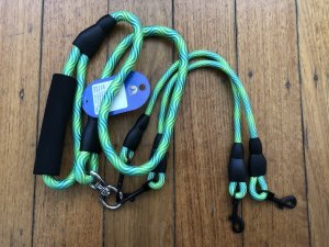 Dog Lead:  Hi Viz Green/Blue Dog Walking Brace Set for 2 Dogs