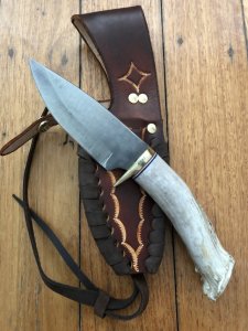 Ken Richardson Custom Handmade 4.5" Drop Point Blade Hunting Knife with Deer Antler Handle & Custom Sheath