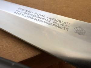 Puma Knife: Puma 1978 Gold Engraved Waidblatt knife in original wooden box #23872