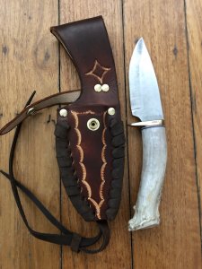 Ken Richardson Custom Handmade 4.5" Drop Point Blade Hunting Knife with Deer Antler Handle & Custom Sheath