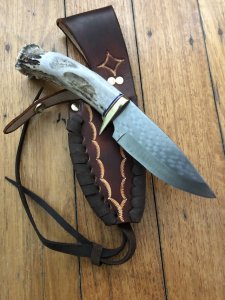 Ken Richardson Custom Handmade 4.5" Drop Point Blade Hunting Knife with Deer Antler Handle & Custom Sheath