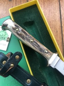 Puma Knife: Puma 1985 Jagdnicker Knife with Stag Handle & Green & Yellow Box #41582