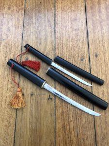 Herbertz German made Twin miniature Samurai Swords in wooden scabbards