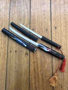 Herbertz German made Twin miniature Samurai Swords in wooden scabbards