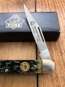 Puma Knife: Puma Bantam Folding Knife with Green Jigged Bone Handle
