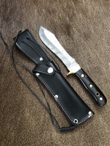 SOS Damascus *PUMA White Hunter* Knife with Black Buffalo Horn Handle & Leather Sheath