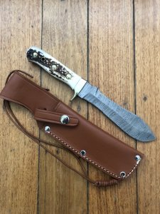 SOS Damascus *PUMA White Hunter* Knife with Sambar Deer Antler Handle & Leather Sheath
