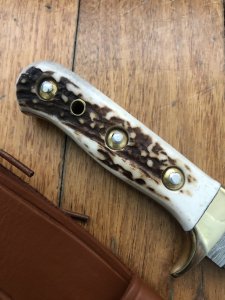 SOS Damascus *PUMA White Hunter* Knife with Sambar Deer Antler Handle & Leather Sheath