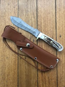 SOS Damascus *PUMA White Hunter* Knife with Sambar Deer Antler Handle & Leather Sheath