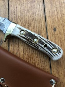 SOS Damascus *PUMA White Hunter* Knife with Sambar Deer Antler Handle & Leather Sheath