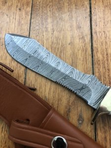 SOS Damascus *PUMA White Hunter* Knife with Sambar Deer Antler Handle & Leather Sheath