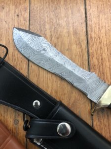 SOS Damascus *PUMA White Hunter* Knife with Walnut Hard Wood Handle & Leather Sheath