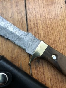 SOS Damascus *PUMA White Hunter* Knife with Walnut Hard Wood Handle & Leather Sheath