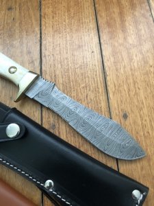 SOS Damascus *PUMA White Hunter* Knife with White Bone Handle & Leather Sheath