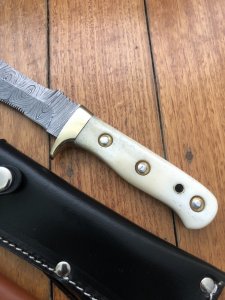 SOS Damascus *PUMA White Hunter* Knife with White Bone Handle & Leather Sheath