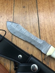 SOS Damascus *PUMA White Hunter* Knife with White Bone Handle & Leather Sheath