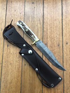 SOS Damascus *PUMA Bowie* Knife with Sambar Deer Antler Handle & Leather Sheath