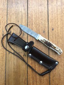 SOS Damascus *PUMA Hunters Pal* Knife with Sambar Deer Antler Handle & Leather Sheath