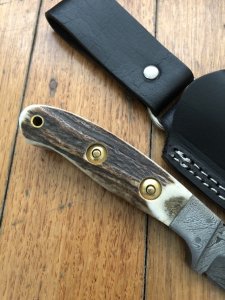 SOS Damascus *PUMA Companion* Knife with Sambar Deer Antler Handle & Leather Sheath