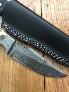 SOS Damascus *PUMA Companion* Knife with Sambar Deer Antler Handle & Leather Sheath