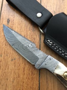 SOS Damascus *PUMA Companion* Knife with Sambar Deer Antler Handle & Leather Sheath