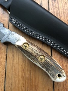 SOS Damascus *PUMA Companion* Knife with Sambar Deer Antler Handle & Leather Sheath