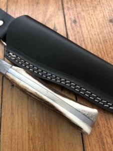 SOS Damascus *PUMA Companion* Knife with Sambar Deer Antler Handle & Leather Sheath
