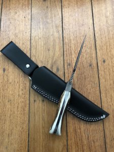 SOS Damascus *PUMA Companion* Knife with Sambar Deer Antler Handle & Leather Sheath