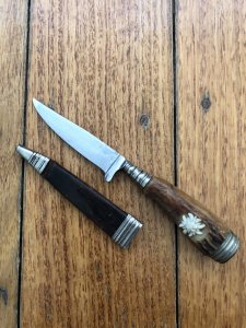 German Knife: 1950's Mini Jagdnicker Knife with Stag Handle Edelweiss Flower Inset & Sheath