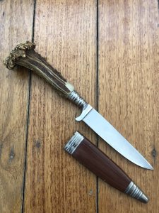 SMF German Knife: 1950's - 60's Jagdnicker Knife with Stag Handle Decorative Inset & Sheath
