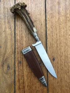 SMF German Knife: 1950's - 60's Jagdnicker Knife with Stag Handle Decorative Inset & Sheath