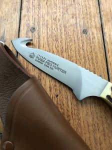 Puma Knife: Puma Pro Hunter Gut Hook Knife with Stag Handle & Light Brown Sheath