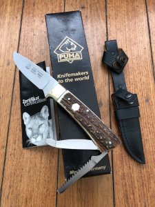 Puma Knife: Puma 2010 Model Jäger Knife with Stag Antler Handle in Original Sheath and Box