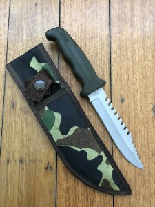 Buck Knife: Buck 639 Field Mate - Part Serrated Survival Knife with Green Rubber Handle & Camo Sheath